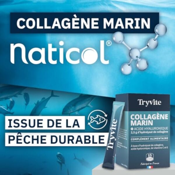Collagene Marin Type 1 et 2 Premium avec Vitamines C & E | 2500 mg Collagene Marin Acide Hyaluronique pour Peau, Cheveux & Articulations | Haute Absorption | TRYVITE | 15 sticks – Image 5