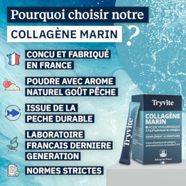 Collagene Marin Type 1 et 2 Premium avec Vitamines C & E | 2500 mg Collagene Marin Acide Hyaluronique pour Peau, Cheveux & Articulations | Haute Absorption | TRYVITE | 15 sticks – Image 6