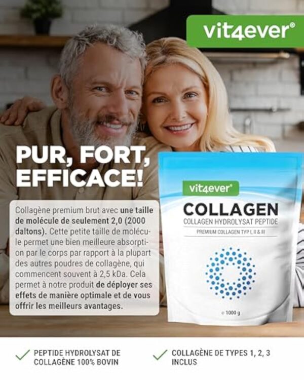 Collagène en Poudre 1000 g - 100% Collagène Bioactif hydrolysat Peptides - collagène type 1, 2 & 3 - Goût Neutre - Sans additifs – Image 3