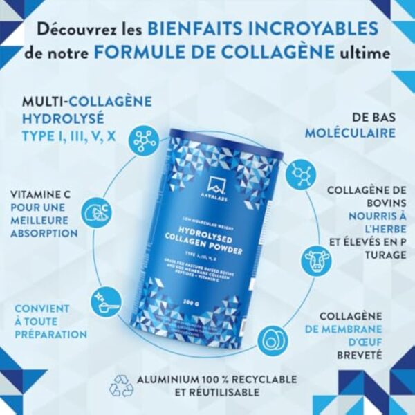 Collagene en Poudre Peptide de Collagene Hydrolisé | Collagene Bovin Certifié 100% Nourri à l’Herbe, Multi Collagène Poudre Type I III V X | Collagene et Acide Hyaluronique Poudre Non Aromatisé 300g – Image 3