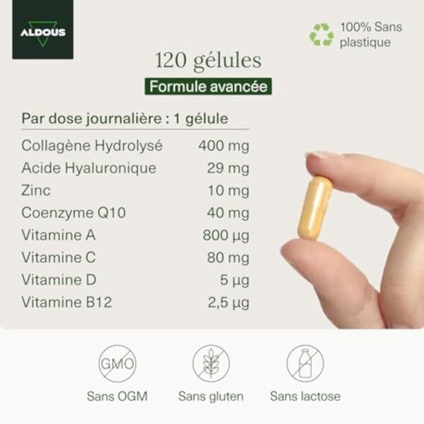 Collagene et Acide Hyaluronique | 120 Gélules | Peptide de Collagene | Collagene Hydrolysé + Acide Hyaluronique + Coenzyme Q10 + Vitamines A, C, D, B12 + Zinc | Peau, Os, Articulations | Anti-âge – Image 4
