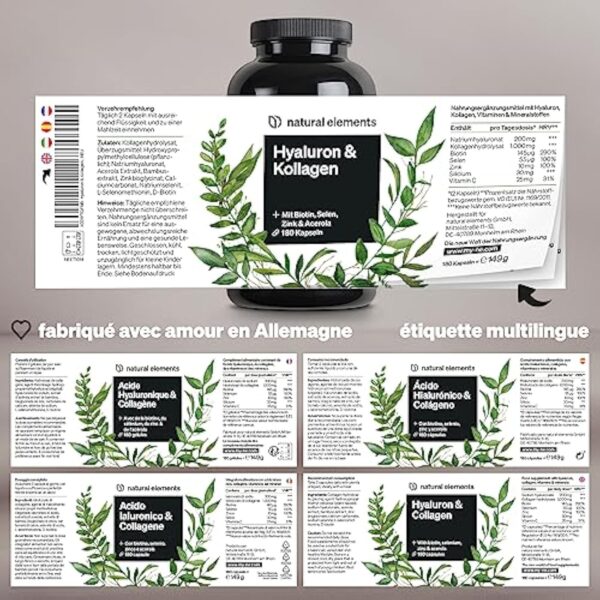 Collagene et Acide Hyaluronique – 180 gélules – enrichi en Vitamine C, Biotine, Zinc & Sélénium – 1000mg de Collagène – contrôlé en laboratoire, végane, hautement dosé – Image 6