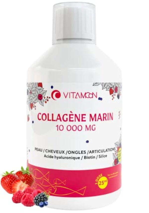 Collagène marin hydrolysé liquide 10000mg | Acide hyaluronique, biotine, silice, vitamine C, vitamine D3 | peau saine, cheveux, ongles, articulations, muscles | 500ml