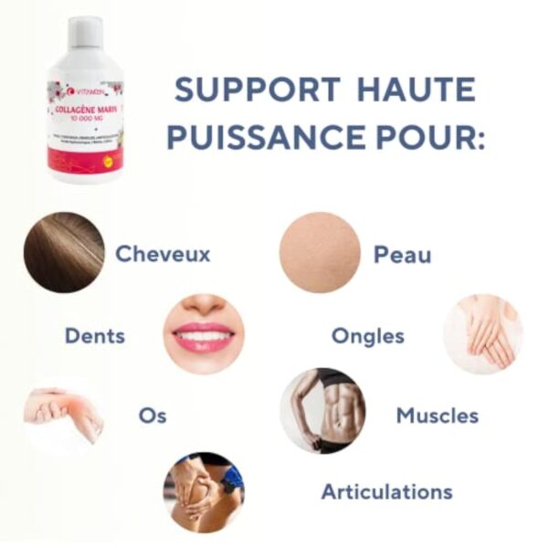 Collagène marin hydrolysé liquide 10000mg | Acide hyaluronique, biotine, silice, vitamine C, vitamine D3 | peau saine, cheveux, ongles, articulations, muscles | 500ml – Image 3