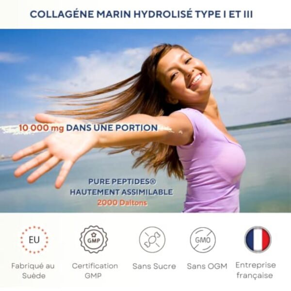 Collagène marin hydrolysé liquide 10000mg | Acide hyaluronique, biotine, silice, vitamine C, vitamine D3 | peau saine, cheveux, ongles, articulations, muscles | 500ml – Image 4