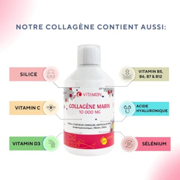 Collagène marin hydrolysé liquide 10000mg | Acide hyaluronique, biotine, silice, vitamine C, vitamine D3 | peau saine, cheveux, ongles, articulations, muscles | 500ml – Image 8