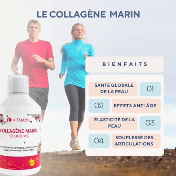 Collagène marin hydrolysé liquide 10000mg | Acide hyaluronique, biotine, silice, vitamine C, vitamine D3 | peau saine, cheveux, ongles, articulations, muscles | 500ml – Image 10