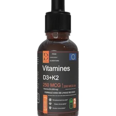 DOZ Vitamine D3 K2 Gouttes 60ml - Vitamine D3 10000 IU 250MCG et Vitamin K2 MK-7 200MCG - Avec de l'huile de coco - Complément alimentaire natural