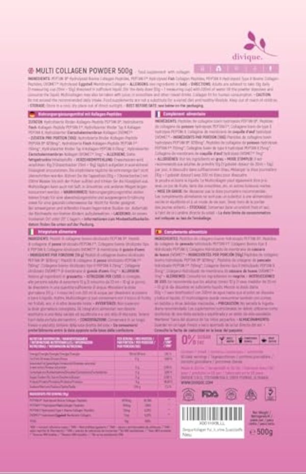 Divique poudre de collagène [500g] - premium multicollagène de type 1, 2, 3, 5, 10-100% peptides de collagène - 10 000 mg de collagène par jour - insipide, soluble, sans additifs – Image 12