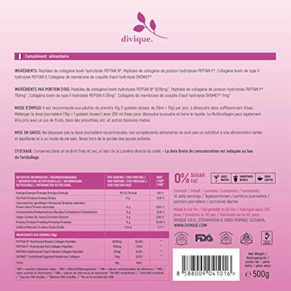 Divique poudre de collagène [500g] - premium multicollagène de type 1, 2, 3, 5, 10-100% peptides de collagène - 10 000 mg de collagène par jour - insipide, soluble, sans additifs – Image 11