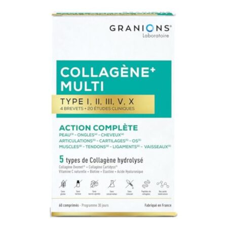 GRANIONS - MULTI Collagene + Action 10 en 1-5 Types de Collagène - Collagene Marin, Ovomet, Cartidyss - Vitamine C et Biotine - Sans Gluten - 20 études cliniques - 60 Comprimés - format 1 mois