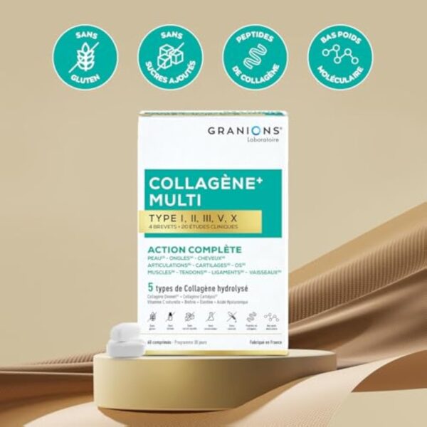 GRANIONS - MULTI Collagene + Action 10 en 1-5 Types de Collagène - Collagene Marin, Ovomet, Cartidyss - Vitamine C et Biotine - Sans Gluten - 20 études cliniques - 60 Comprimés - format 1 mois – Image 3