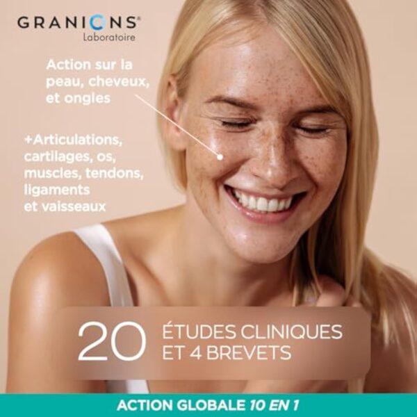 GRANIONS - MULTI Collagene + Action 10 en 1-5 Types de Collagène - Collagene Marin, Ovomet, Cartidyss - Vitamine C et Biotine - Sans Gluten - 20 études cliniques - 60 Comprimés - format 1 mois – Image 4
