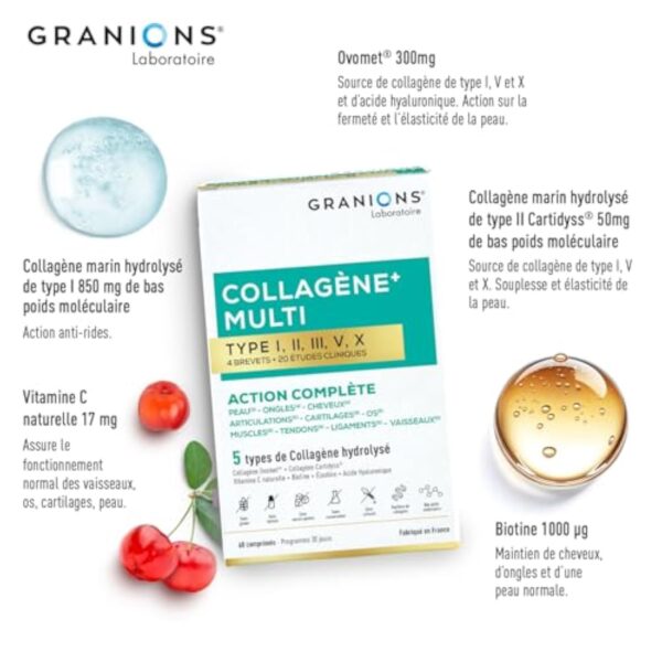 GRANIONS - MULTI Collagene + Action 10 en 1-5 Types de Collagène - Collagene Marin, Ovomet, Cartidyss - Vitamine C et Biotine - Sans Gluten - 20 études cliniques - 60 Comprimés - format 1 mois – Image 5
