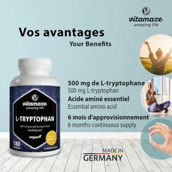 L-Tryptophane 500mg 180 Capsules - Qualité du Sommeil + Bonne Humeur - Acide Aminé Essentiel pur Naturellement Fermenté -180 Gélules Vegan - Qualité Allemande, sans Gluten et Additifs Inutiles – Image 3