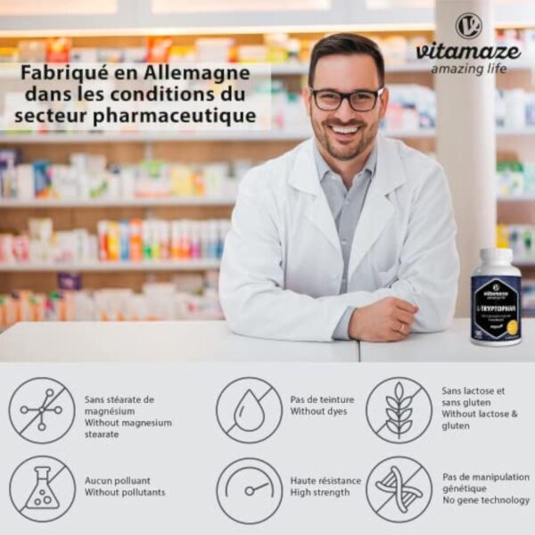 L-Tryptophane 500mg 180 Capsules - Qualité du Sommeil + Bonne Humeur - Acide Aminé Essentiel pur Naturellement Fermenté -180 Gélules Vegan - Qualité Allemande, sans Gluten et Additifs Inutiles – Image 4