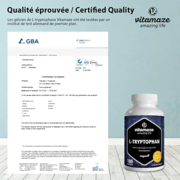 L-Tryptophane 500mg 180 Capsules - Qualité du Sommeil + Bonne Humeur - Acide Aminé Essentiel pur Naturellement Fermenté -180 Gélules Vegan - Qualité Allemande, sans Gluten et Additifs Inutiles – Image 5