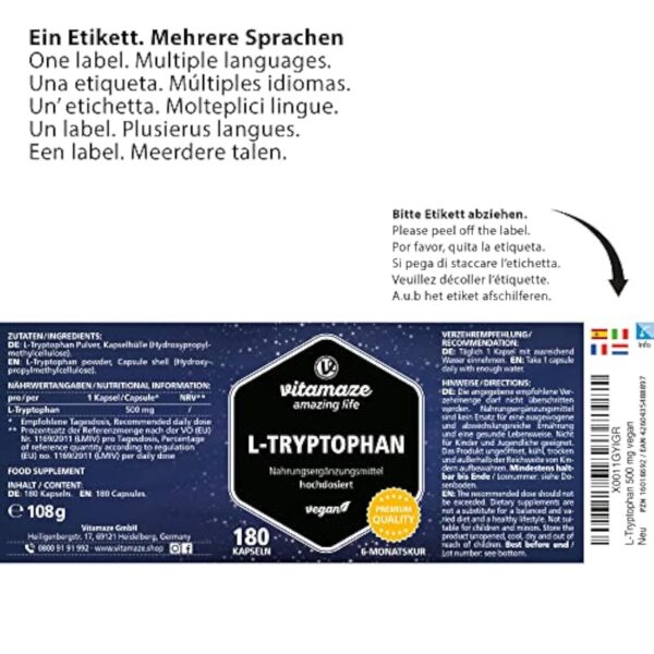 L-Tryptophane 500mg 180 Capsules - Qualité du Sommeil + Bonne Humeur - Acide Aminé Essentiel pur Naturellement Fermenté -180 Gélules Vegan - Qualité Allemande, sans Gluten et Additifs Inutiles – Image 6
