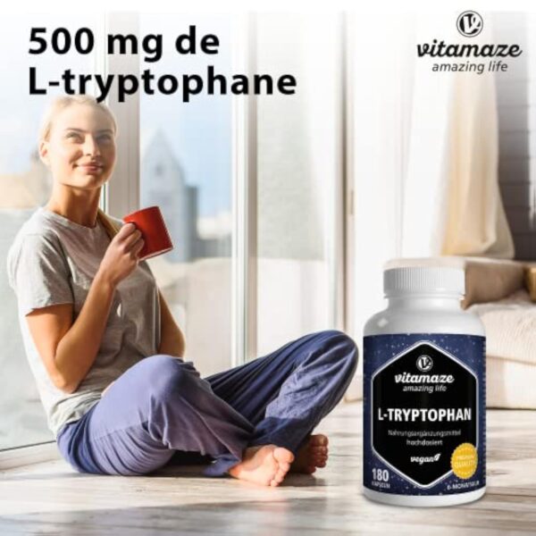 L-Tryptophane 500mg 180 Capsules - Qualité du Sommeil + Bonne Humeur - Acide Aminé Essentiel pur Naturellement Fermenté -180 Gélules Vegan - Qualité Allemande, sans Gluten et Additifs Inutiles – Image 8