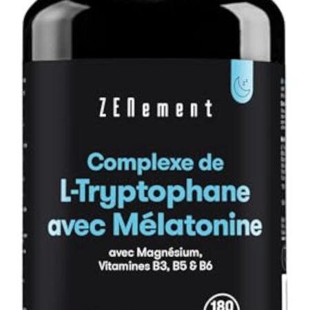 L-Tryptophane Complex, avec Mélatonine, Magnésium + Vitamines B3, B5, B6, 180 Gélules | Induit le sommeil et améliore la qualité du sommeil | sans additifs, Sans Gluten | Zenement