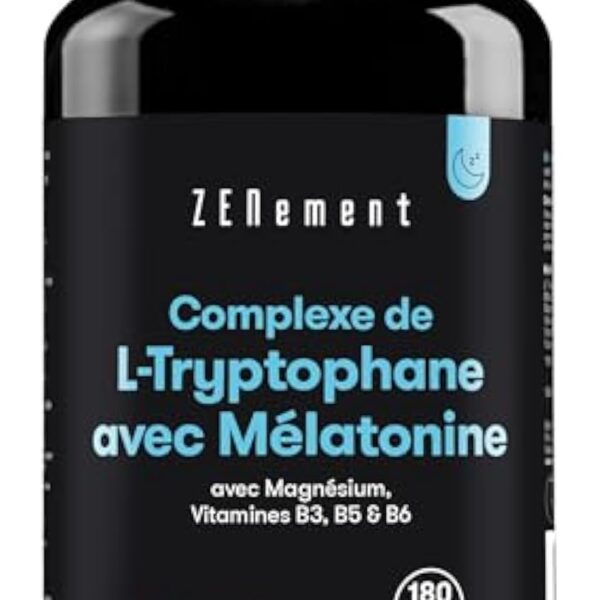 L-Tryptophane Complex, avec Mélatonine, Magnésium + Vitamines B3, B5, B6, 180 Gélules | Induit le sommeil et améliore la qualité du sommeil | sans additifs, Sans Gluten | Zenement