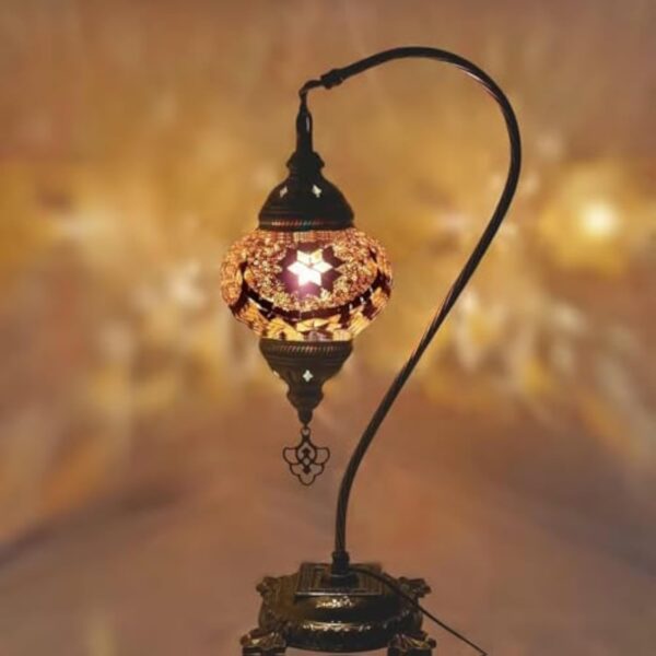 Lampe de table faite à la main en bronze turc, marocain, arabe, bohémien, oriental, style Tiffany, mosaïque de verre, belle lampe de table, décoration d'intérieur, vente précoce 2023 (doré - B) – Image 2