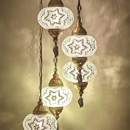 Lampe orientale blanche 5 balles en verre - Chandelier mosaïque