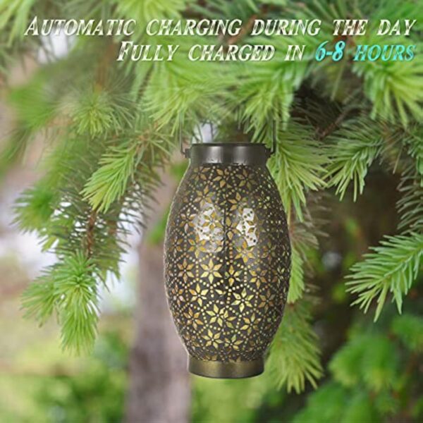 Le Noir Orientale Lanterne Solaire Exterieur, Görvitor Métal IP65 étanche Lampe Solaire Exterieur Jardin, Marocaine lumiere solaire exterieur Suspendue Jardin Terrasse Chemin Deco Decorative Cadeau – Image 4