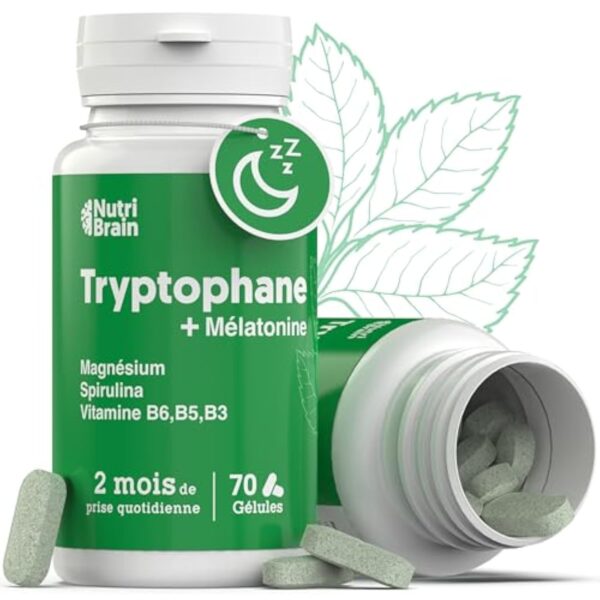 Mélatonine + Tryptophane de Qualité Pharmaceutique | Produit Haute Puissance | Sommeil Parfait, Énergie, Concentration, Bien-Être, Réduction de l'Anxiété, Anti-Stress | Avec Spiruline, Vit B6, B5, B5