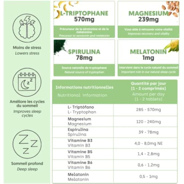 Mélatonine + Tryptophane de Qualité Pharmaceutique | Produit Haute Puissance | Sommeil Parfait, Énergie, Concentration, Bien-Être, Réduction de l'Anxiété, Anti-Stress | Avec Spiruline, Vit B6, B5, B5 – Image 3