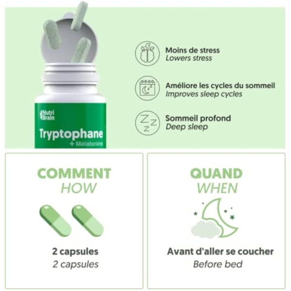 Mélatonine + Tryptophane de Qualité Pharmaceutique | Produit Haute Puissance | Sommeil Parfait, Énergie, Concentration, Bien-Être, Réduction de l'Anxiété, Anti-Stress | Avec Spiruline, Vit B6, B5, B5 – Image 4