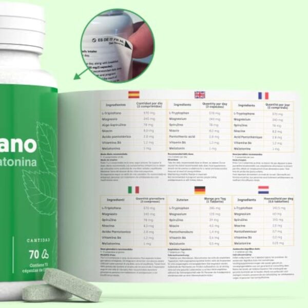 Mélatonine + Tryptophane de Qualité Pharmaceutique | Produit Haute Puissance | Sommeil Parfait, Énergie, Concentration, Bien-Être, Réduction de l'Anxiété, Anti-Stress | Avec Spiruline, Vit B6, B5, B5 – Image 6