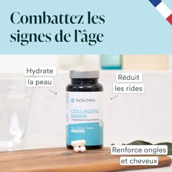 NOVOMA Collagène Marin + Acide Hyaluronique, 1000 mg de Collagene Pur Hydrolysé Type 1 & 3, Avec Vitamine C, Zinc et Biotine, Beauté de la Peau, Cheveux et Ongles, 90 gélules – Image 3