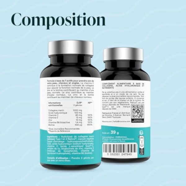 NOVOMA Collagène Marin + Acide Hyaluronique, 1000 mg de Collagene Pur Hydrolysé Type 1 & 3, Avec Vitamine C, Zinc et Biotine, Beauté de la Peau, Cheveux et Ongles, 90 gélules – Image 8