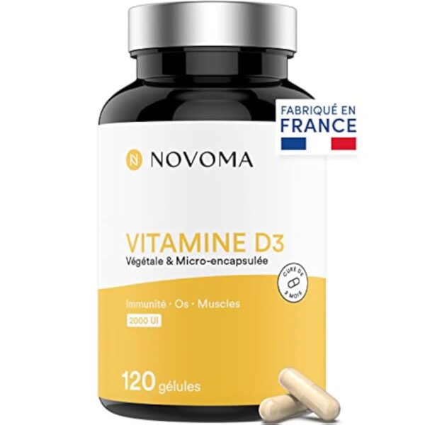 NOVOMA Vitamine D3 2000 UI/j, Vitamine D Naturelle Micro-encapsulée - Haute Absorption, Système Immunitaire, Santé des Os & Muscles, Cure de 2 mois, 120 gélules, Fabriqué en France – Image 2