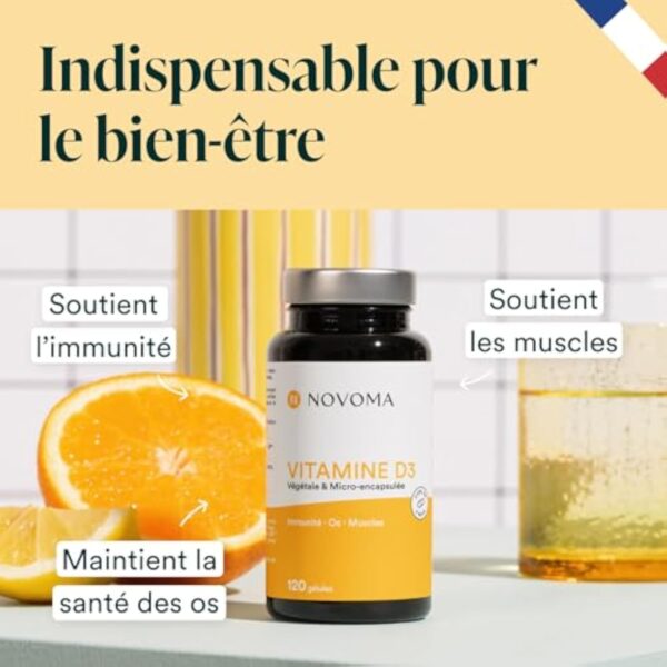 NOVOMA Vitamine D3 2000 UI/j, Vitamine D Naturelle Micro-encapsulée - Haute Absorption, Système Immunitaire, Santé des Os & Muscles, Cure de 2 mois, 120 gélules, Fabriqué en France – Image 3