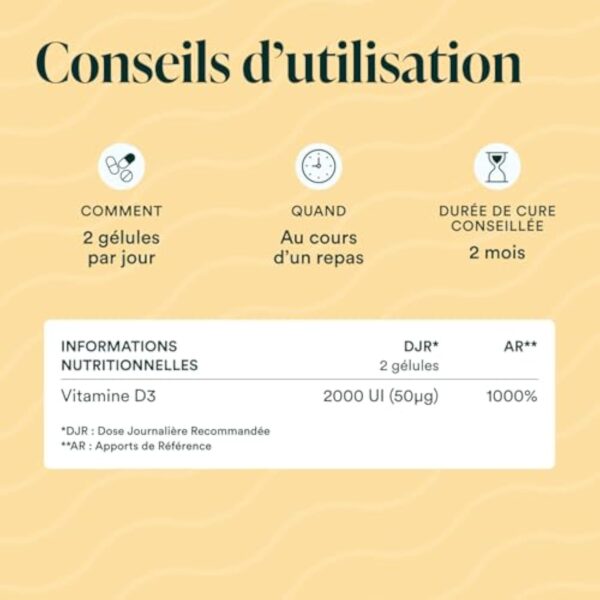 NOVOMA Vitamine D3 2000 UI/j, Vitamine D Naturelle Micro-encapsulée - Haute Absorption, Système Immunitaire, Santé des Os & Muscles, Cure de 2 mois, 120 gélules, Fabriqué en France – Image 6
