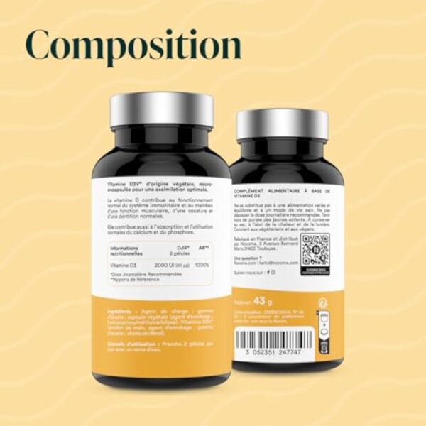 NOVOMA Vitamine D3 2000 UI/j, Vitamine D Naturelle Micro-encapsulée - Haute Absorption, Système Immunitaire, Santé des Os & Muscles, Cure de 2 mois, 120 gélules, Fabriqué en France – Image 8