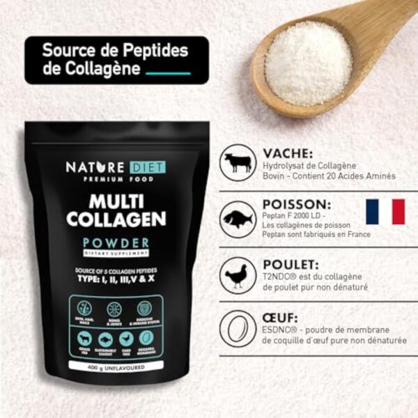 Nature Diet Multi Collagène en poudre sans saveur 400G, Peptides de collagène hydrolysés hautement biodisponibles de Type : I, II, III, V et X, contiens collagen marin – Image 3