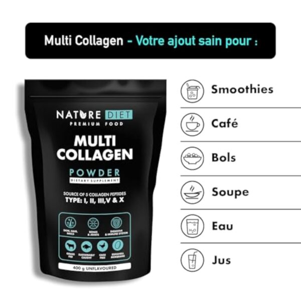 Nature Diet Multi Collagène en poudre sans saveur 400G, Peptides de collagène hydrolysés hautement biodisponibles de Type : I, II, III, V et X, contiens collagen marin – Image 4