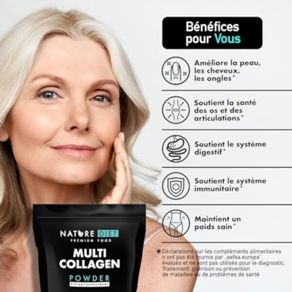 Nature Diet Multi Collagène en poudre sans saveur 400G, Peptides de collagène hydrolysés hautement biodisponibles de Type : I, II, III, V et X, contiens collagen marin – Image 6