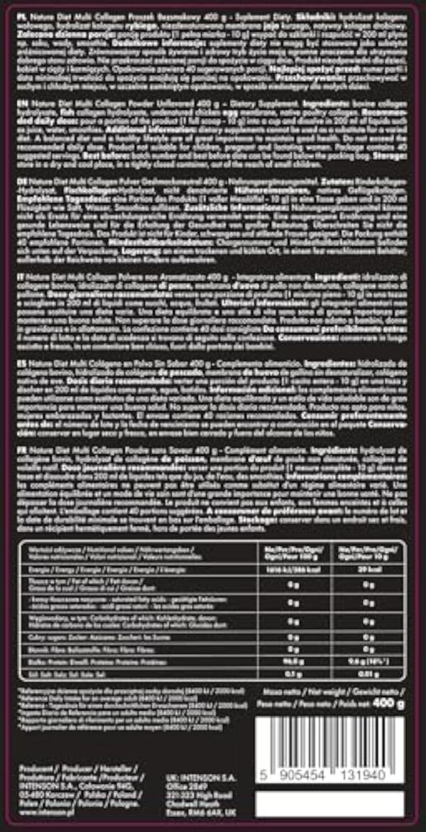 Nature Diet Multi Collagène en poudre sans saveur 400G, Peptides de collagène hydrolysés hautement biodisponibles de Type : I, II, III, V et X, contiens collagen marin – Image 8