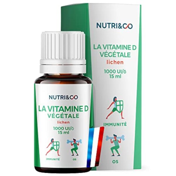 Nutri&Co Vitamine D3 Végétale issue du Lichen 100% Naturelle - 1000 U.I par Goutte - 2000 UI/j - Flacon 15ml - Santé des Os & Immunité - pour Adultes et Enfants - Vegan Fabriqué en France