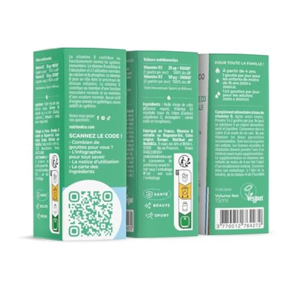Nutri&Co Vitamine D3 Végétale issue du Lichen 100% Naturelle - 1000 U.I par Goutte - 2000 UI/j - Flacon 15ml - Santé des Os & Immunité - pour Adultes et Enfants - Vegan Fabriqué en France – Image 3