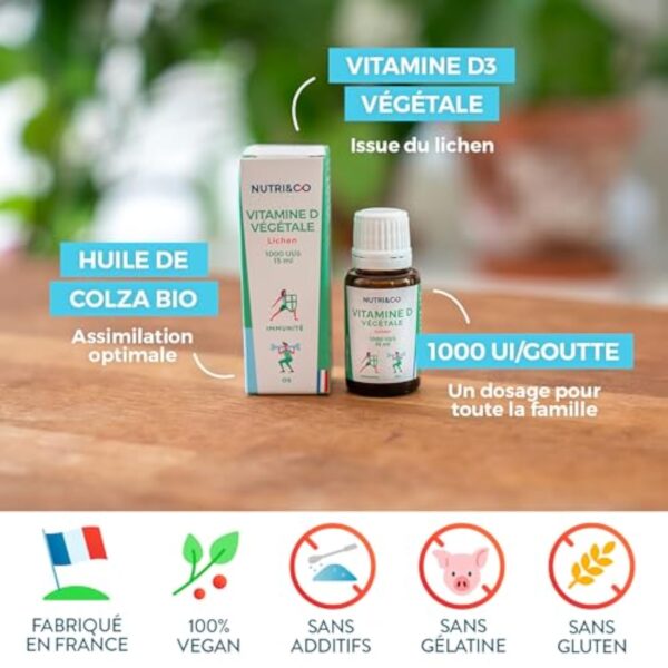 Nutri&Co Vitamine D3 Végétale issue du Lichen 100% Naturelle - 1000 U.I par Goutte - 2000 UI/j - Flacon 15ml - Santé des Os & Immunité - pour Adultes et Enfants - Vegan Fabriqué en France – Image 4