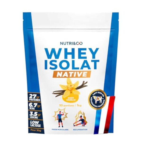 Nutri&Co Whey Isolate Native - Jusqu’à 94% de Protéines - Pur Lait Français Low Lactose Digestion Facile - Riche en BCAA - Prise de Masse & Musculation - 1kg 33 portions goût Vanille – Image 2