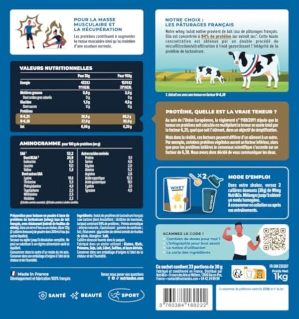 Nutri&Co Whey Isolate Native - Jusqu’à 94% de Protéines - Pur Lait Français Low Lactose Digestion Facile - Riche en BCAA - Prise de Masse & Musculation - 1kg 33 portions goût Vanille – Image 4