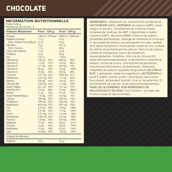 Optimum Nutrition Serious Mass Poudre de Protéine Gain de Masse Hautement Calorique avec 25 Vitamines et Minéraux, Créatine Monohydrate et Glutamine, Saveur Chocolat, 8 Portions, 2.73 kg – Image 8