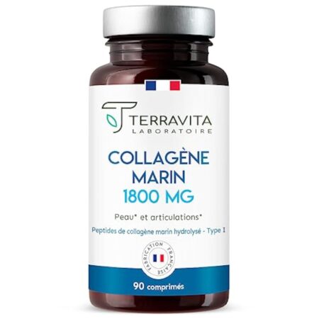Peptides de COLLAGÈNE MARIN Purs Breveté + Vit C | Dosage Fort 1800 mg en 3 Comprimés | 90 Comprimés | Articulations Souples, Peau Lisse et Hydratée | Filière 100% Française | Terravita