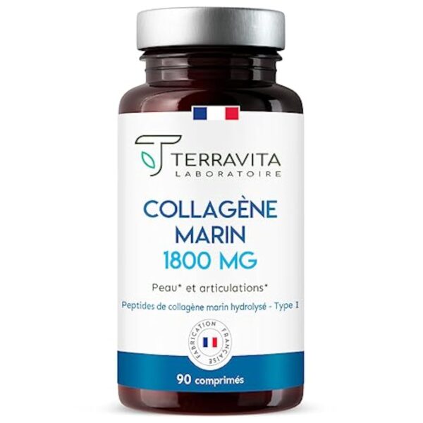 Peptides de COLLAGÈNE MARIN Purs Breveté + Vit C | Dosage Fort 1800 mg en 3 Comprimés | 90 Comprimés | Articulations Souples, Peau Lisse et Hydratée | Filière 100% Française | Terravita – Image 2